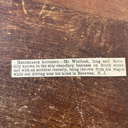 Nov 1878 Mr. Whitlock Ship Chandler Accident Matawan NJ 1878 Clip AG2-S17