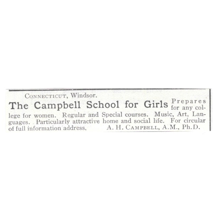 The Campbell School for Girls A.H. Campbell Windsor CT 1903 Ad AF8-S29