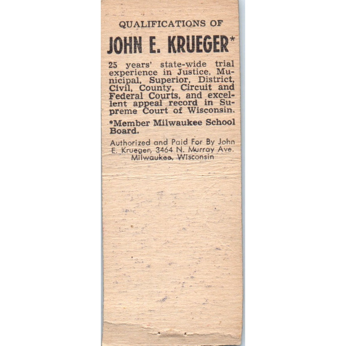 Elect John E. Krueger Civil Judge Branch 7 Milwaukee Vtg Matchbook Cover SD2-Y3