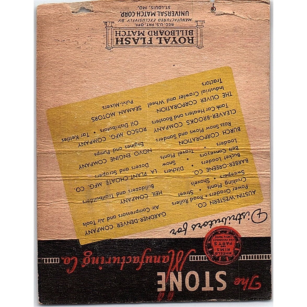 The Stone Mfg Co Milwaukee WI Vintage Large Matchbook Cover TH2-Y2