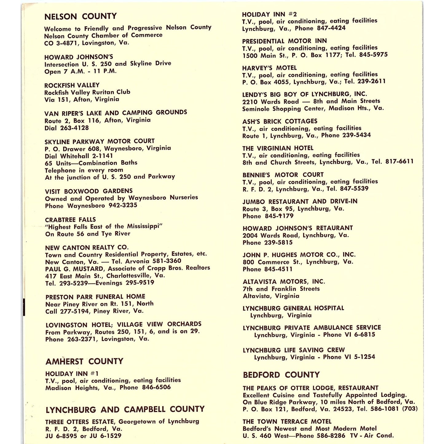 Guide to Attractions Nelson, Amherst, Campbell Bedford VA 1960s Brochure TH2-TB3