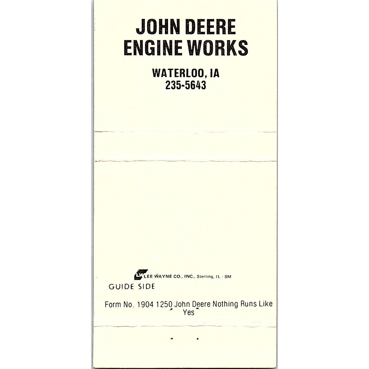 John Deere Engine Works Waterloo Iowa Vintage Matchbook TB6-MB2-7