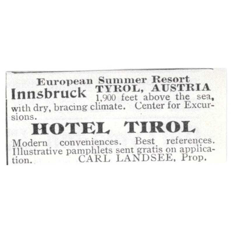 Hotel Tirol Carl Landsee Innsbruck Tyrol Austria 1903 Ad AF8-S35