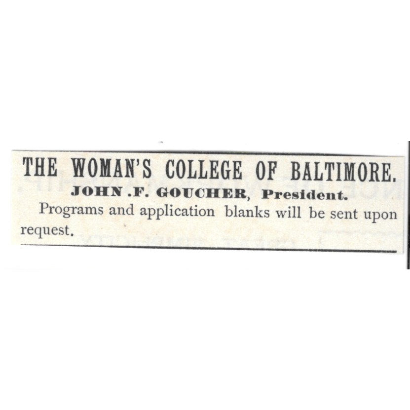 The Woman's College of Baltimore John F. Goucher 1892 Ad AG2-S23