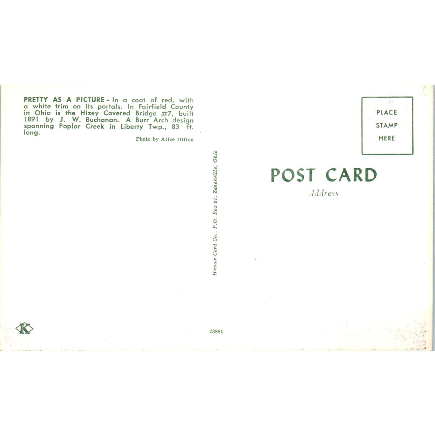 Hizey Covered Bridge 7 Fairfield County OH Vintage Covered Bridge Postcard PC16