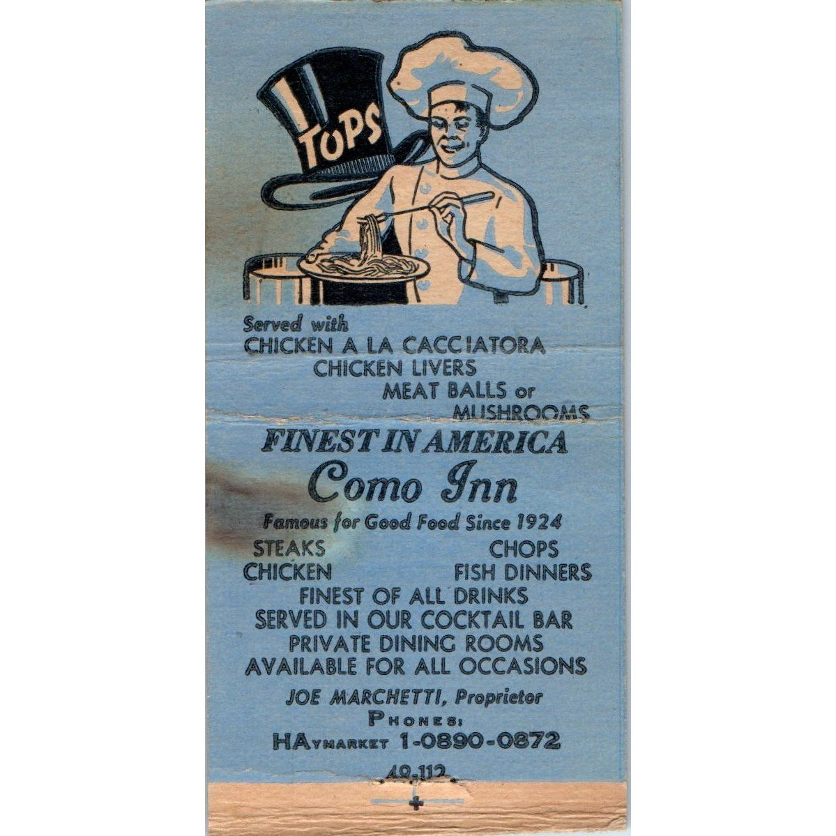 Como Inn Italian Restaurant Chicago Vintage Matchbook Cover SF4-Y6