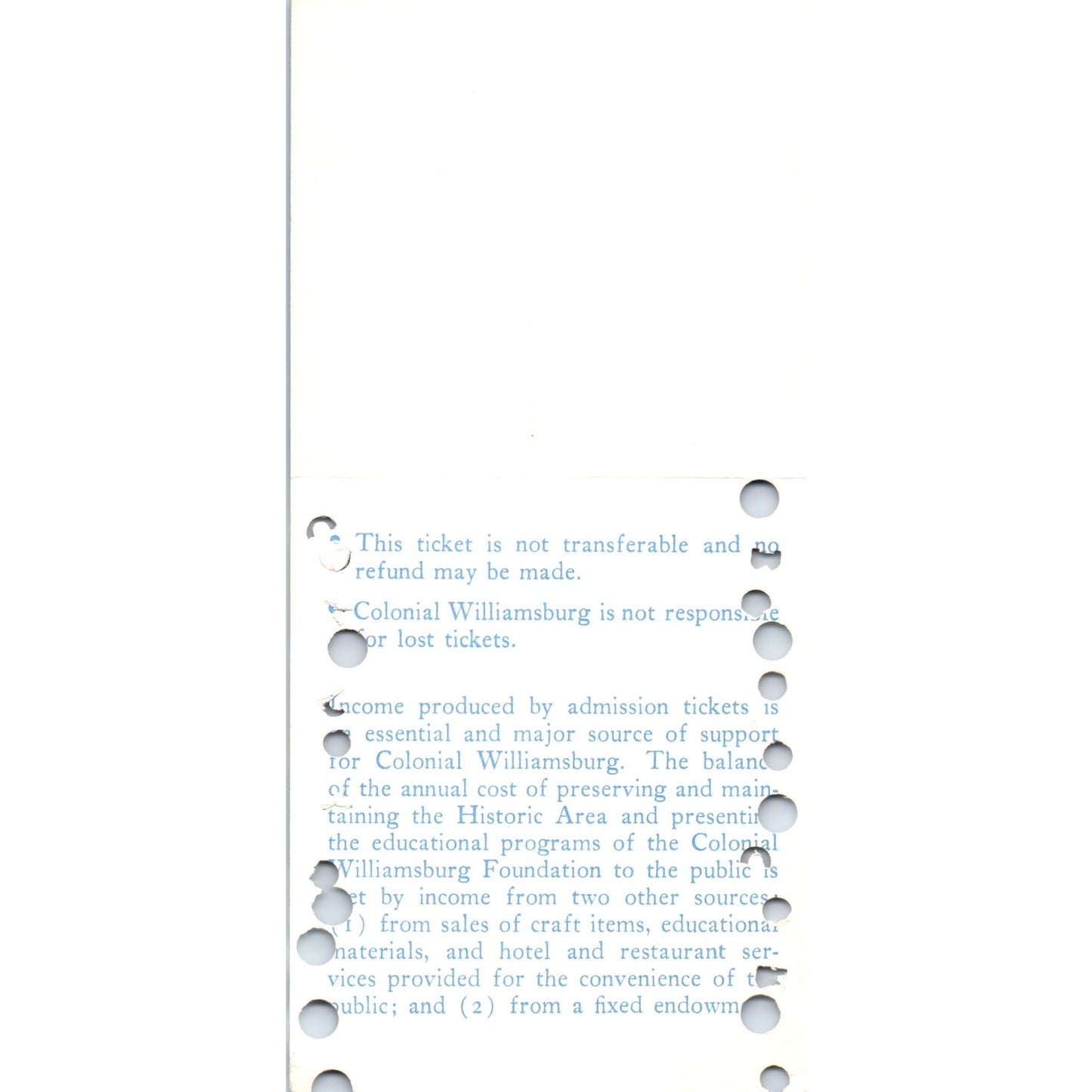 1970s Colonial Williamsburg Twenty Five Admission Punch Card Stub TF4-BC