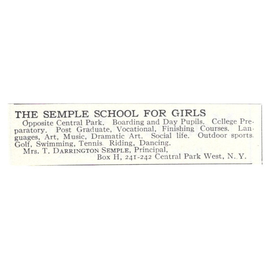 The Semple School for Girls Mrs T Darrington Central Park West NY 1924 Ad AD8-O7