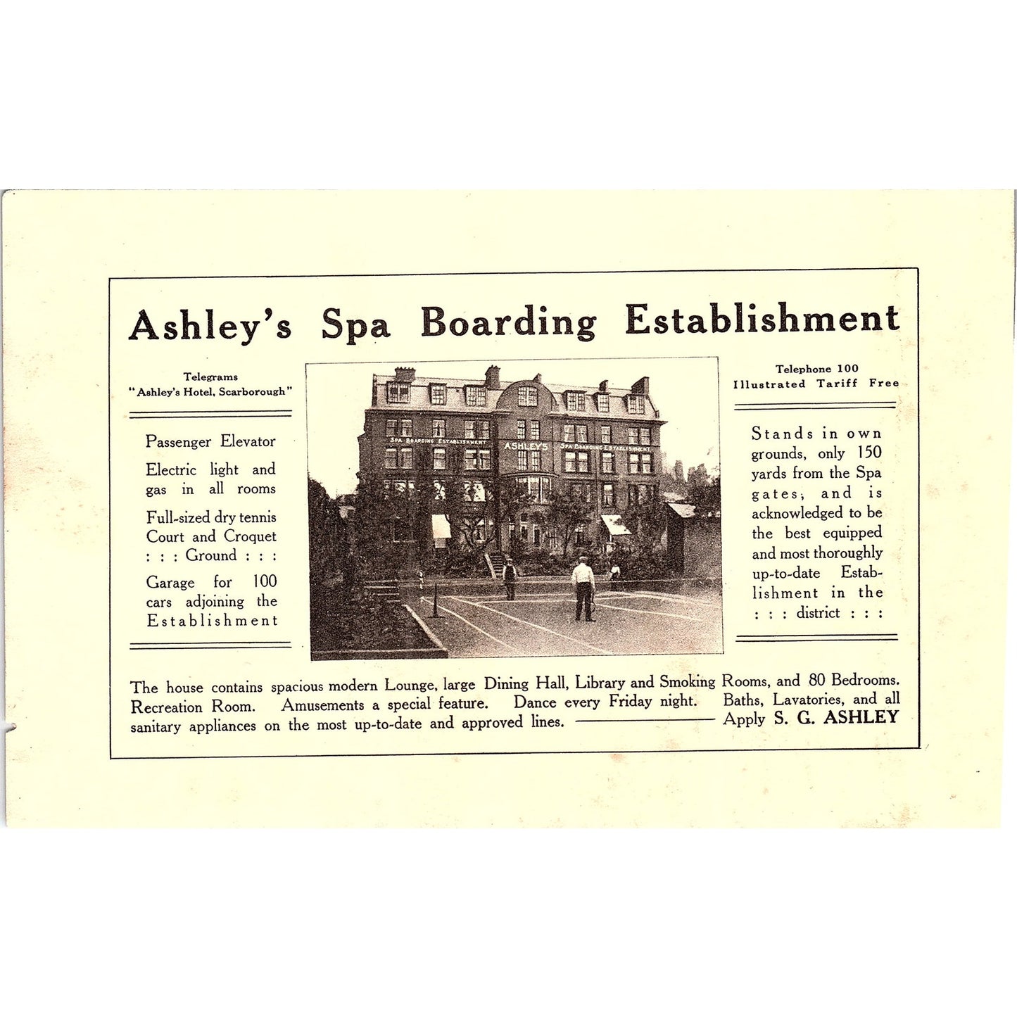 Ashley's Spa Boarding Establishment S.G. Ashley Scarborough c1910 Ad AF3-9