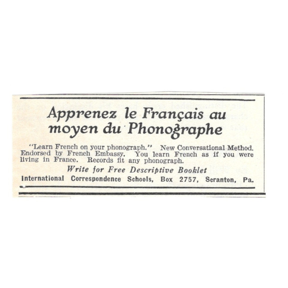 Learn French on Phonograph Correspondence School Scranton PA 1924 Ad AD8-O5