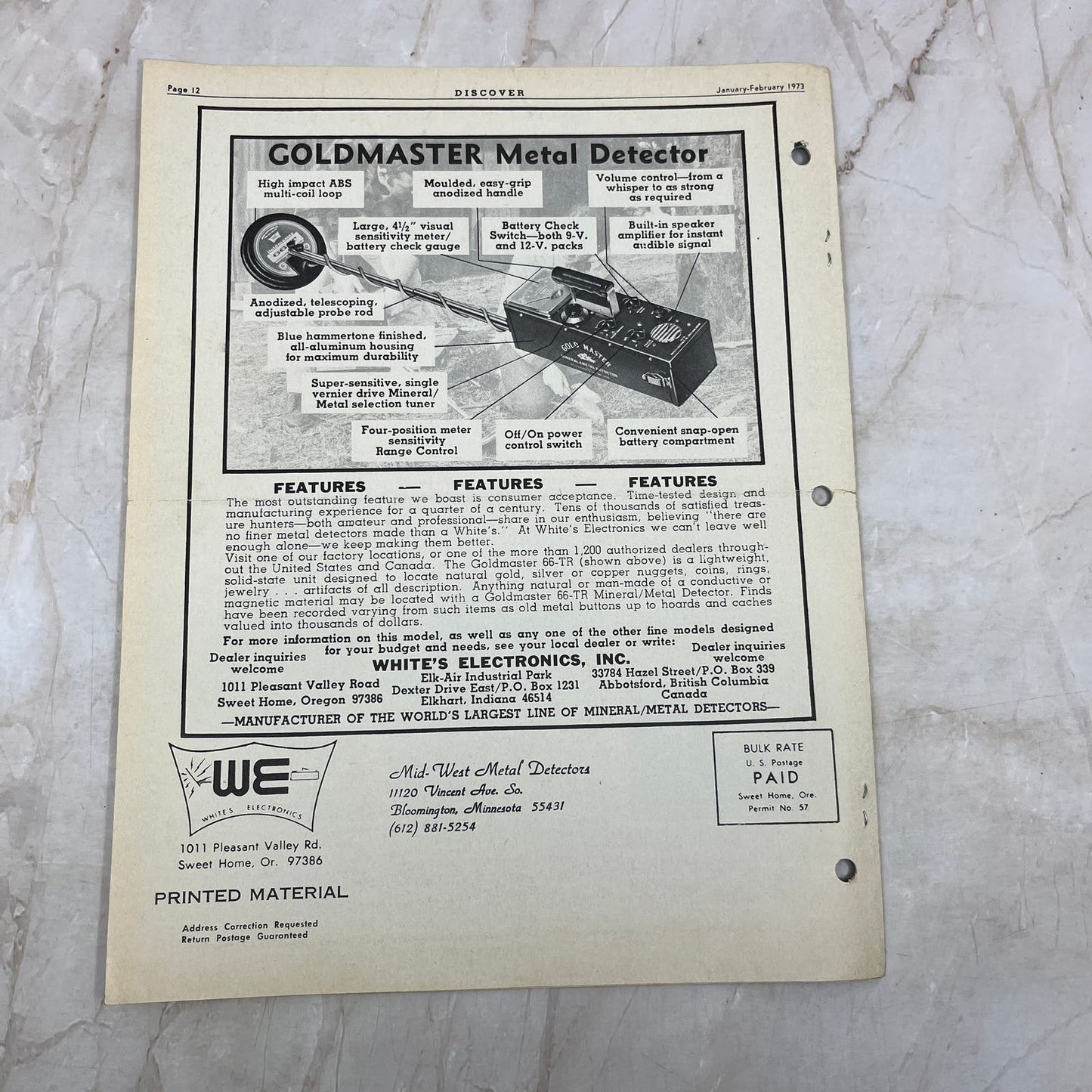 1973 Jan/Feb White's Electronics Discover Newsletter Treasure Hunting OR M19