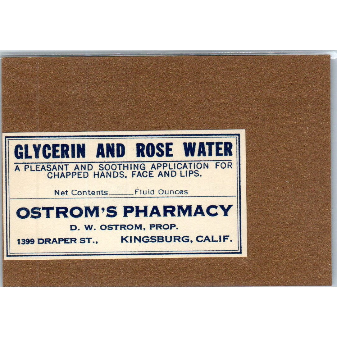 D.W. Ostrom's Pharmacy Rose Water Kingsburg CA Antique Apothecary Label TH2-AL