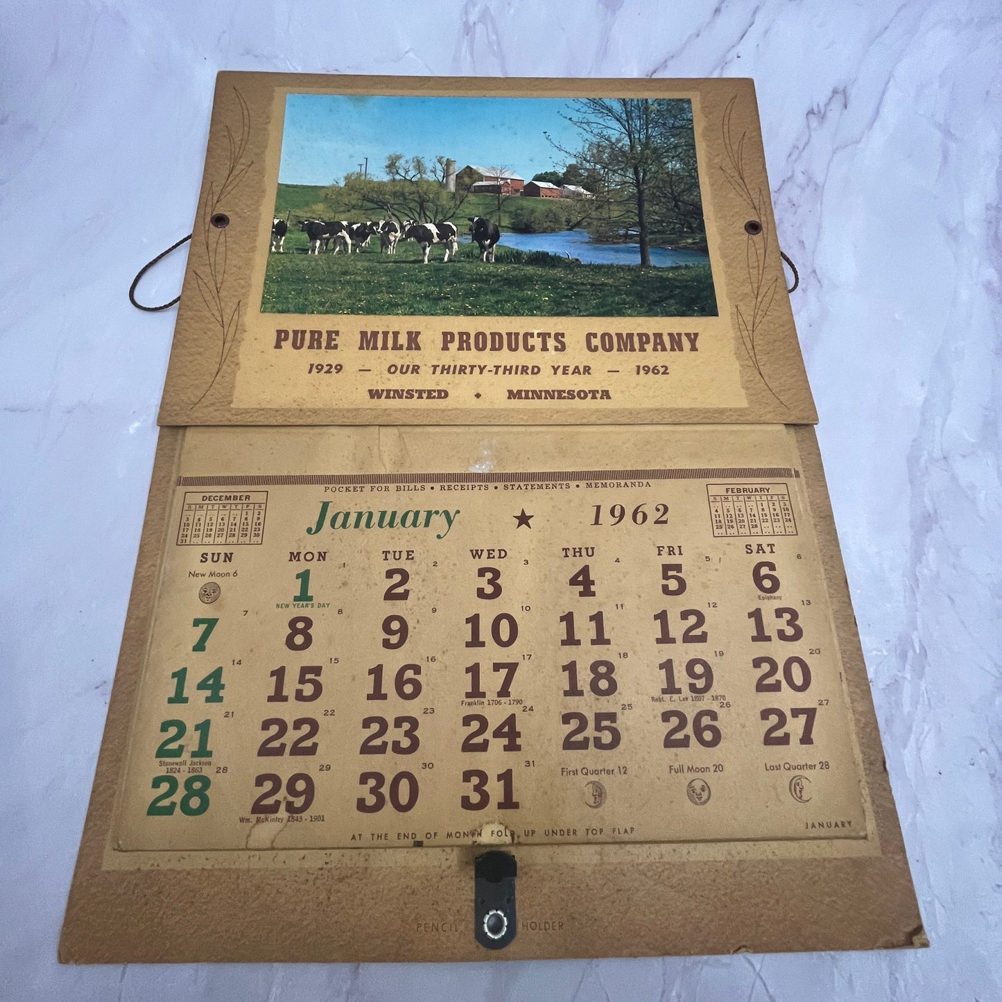 1962 Pure Milk Products Company Calendar Winsted MN V23