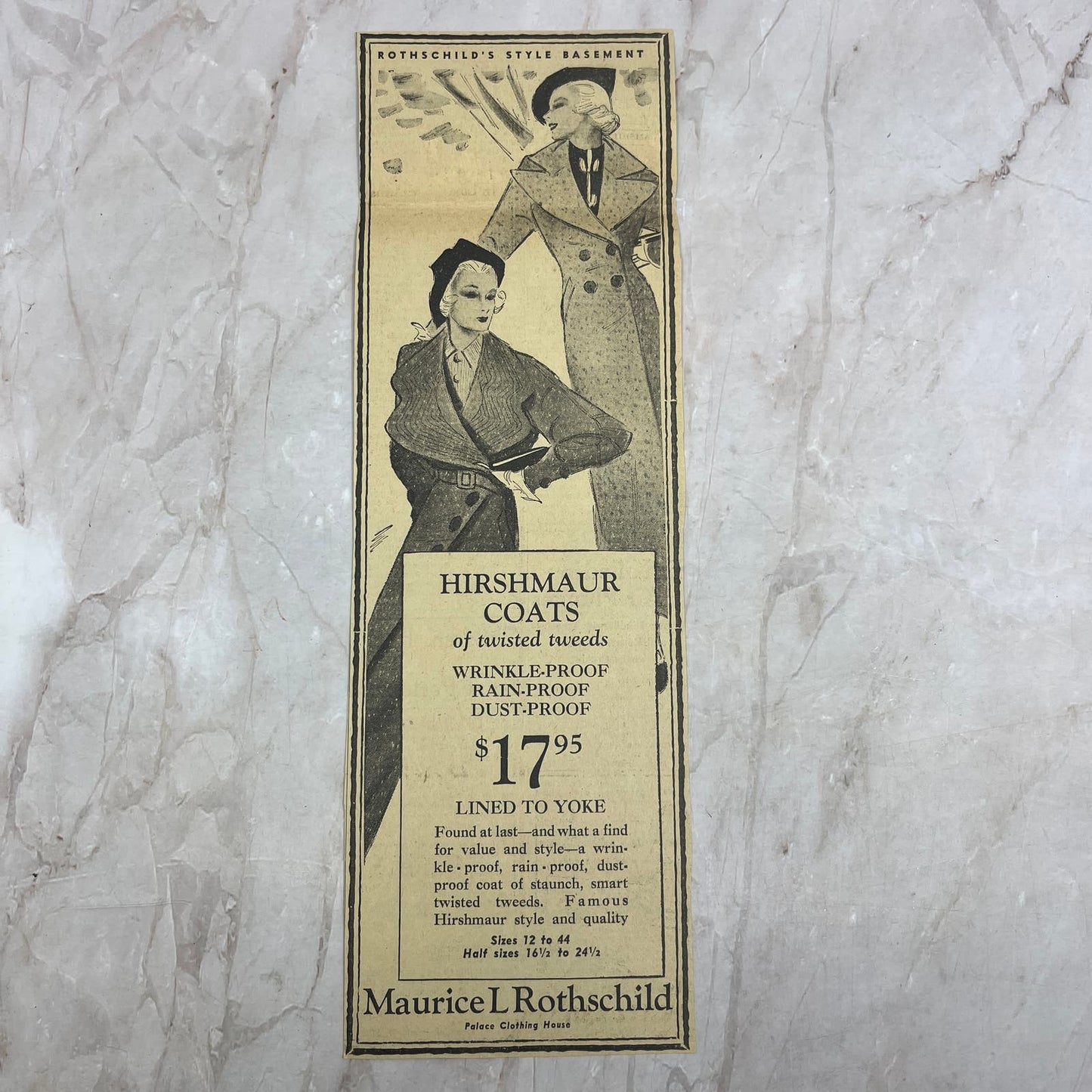Maurice L. Rothschild Hirshmaur Coats 4x12 1935 Minneapolis Journal Ad FL6-8