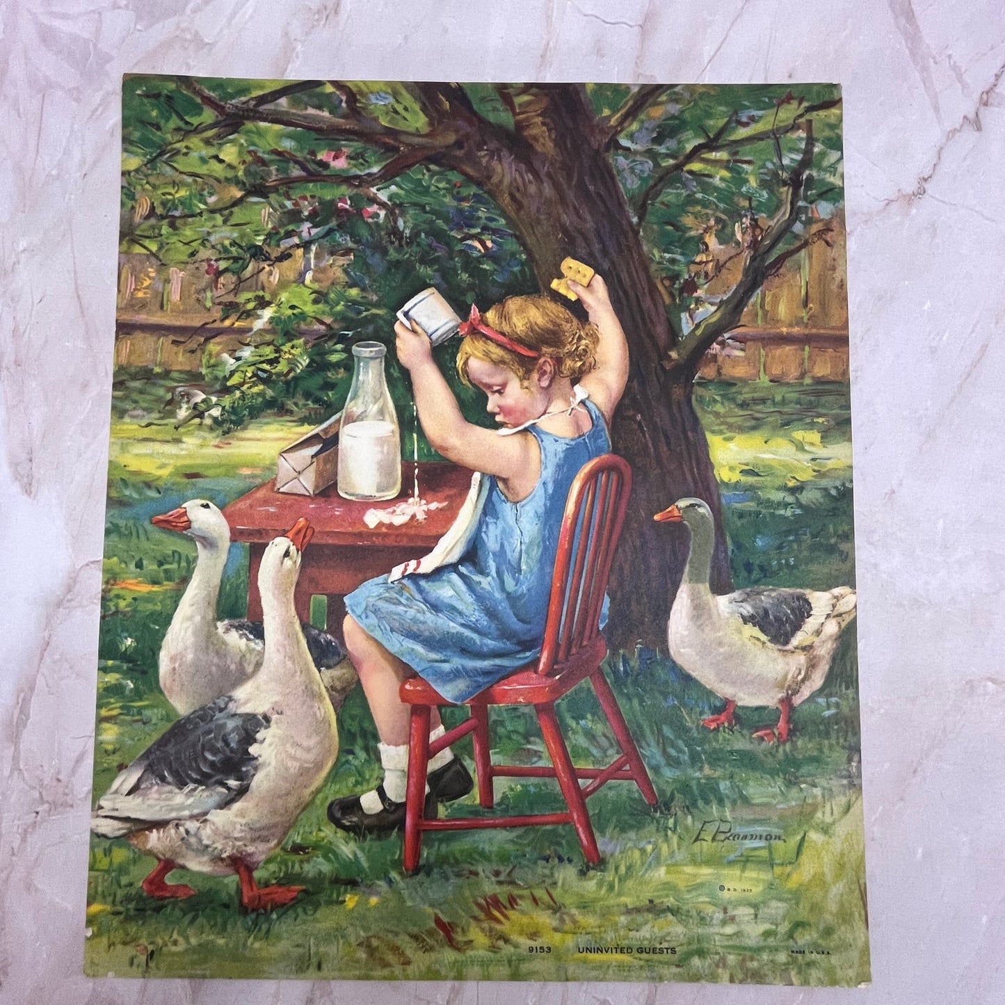 1935 Uninvited Guests Girl With Geese Art Print Lithograph 10x12 FL6-3