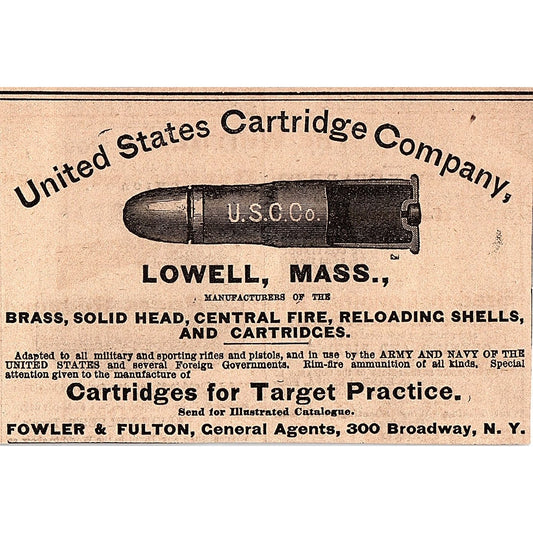United States Cartridge Co Lowell MA - Fowler & Fulton NY 1878 Ad AG2-H4
