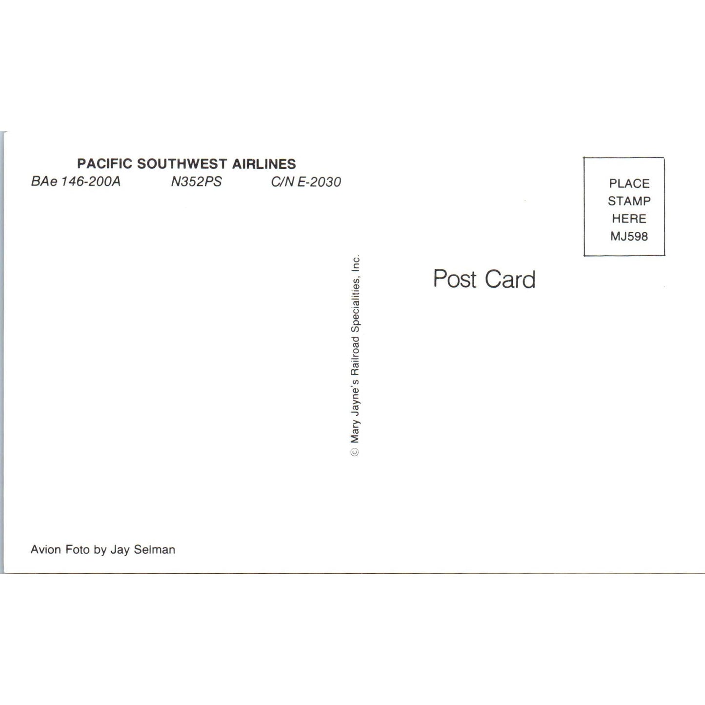 Pacific Southwest Airlines BAe 146-200A N352PS Vintage Postcard PC18