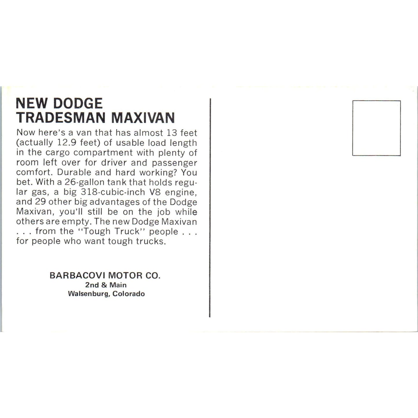 Dodge Tradesman Maxivan Barbacovi Motor Co Walsenburg CO Yellow Postcard PC12