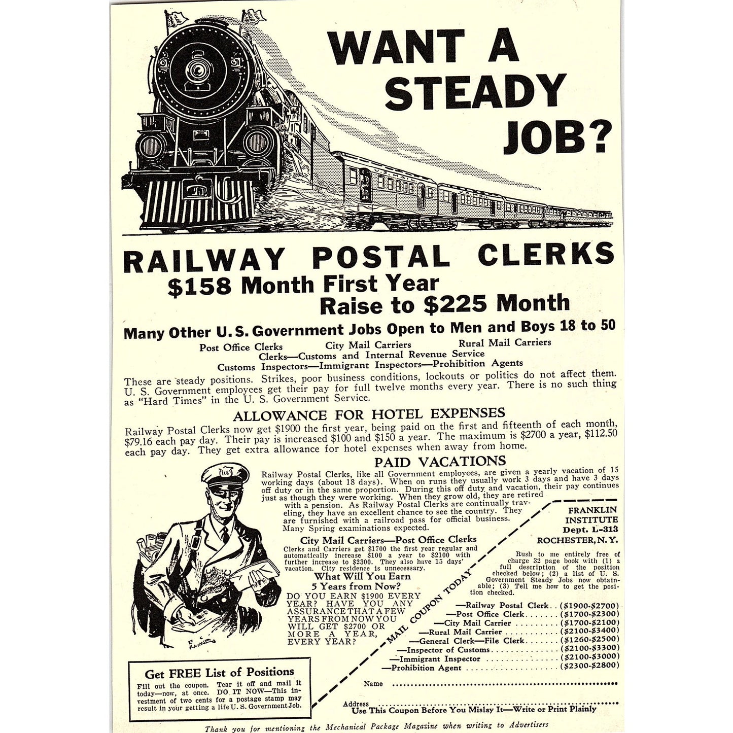 Railway Postal Clerk Training Franklin Institute Rochester NY 1931 Ad AG1-14