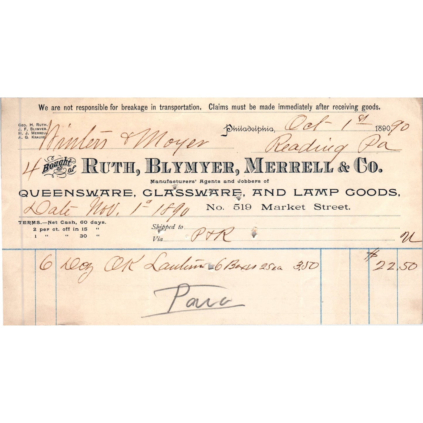 1890 Ruth, Blymyer, Merrell & Co Queensware Philadelphia Original Billhead AE7