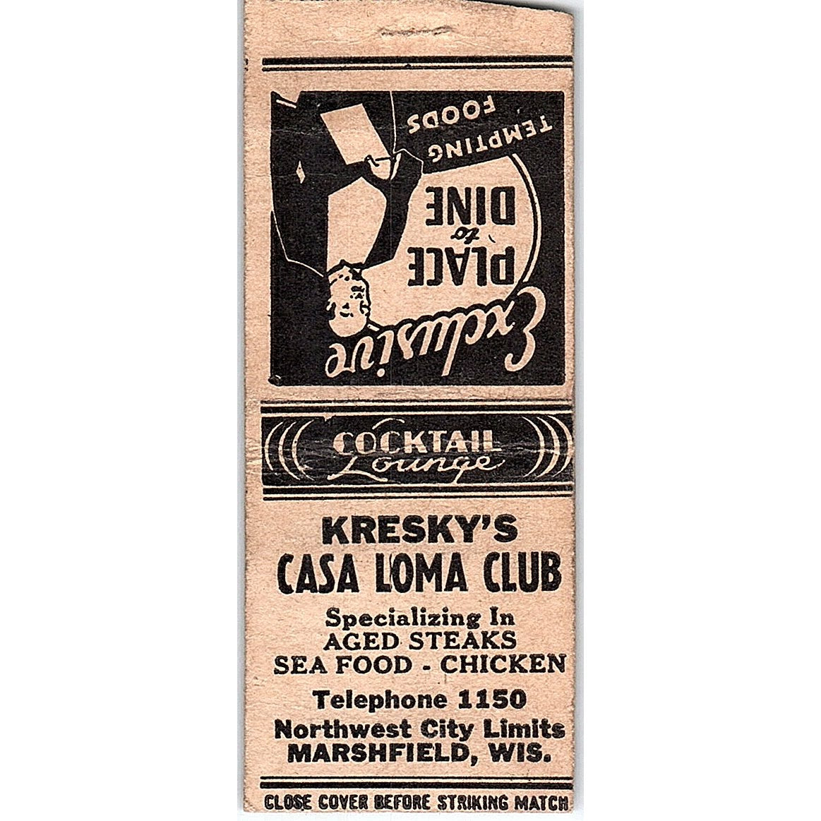 Kresky's Casa Loma Club Marshfield WI Vintage Matchbook Cover SF3-Y2