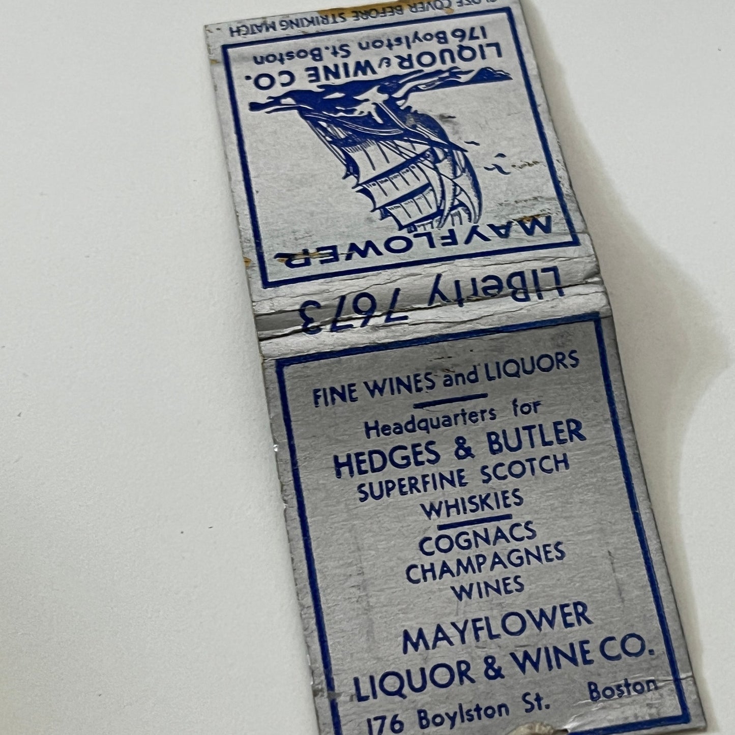 Mayflower Liquor & Wine Co 176 Boylston St Boston Matchbook Cover TB6-MB1-13
