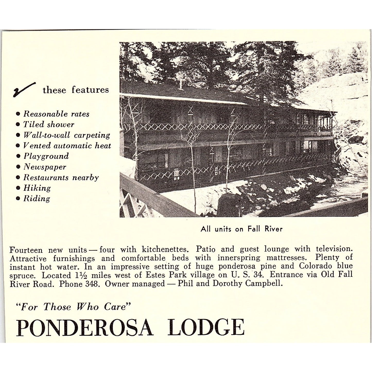 Ponderosa Lodge on Fall River Estes Park CO 1958 Ad AG1-H4