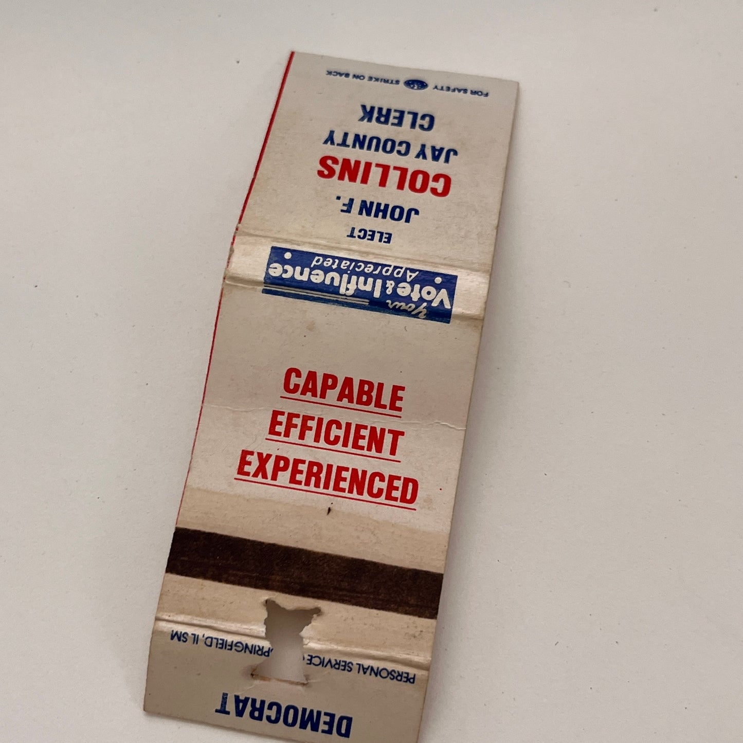 Vote John F Collins Jay County Clerk Democrat Vintage Matchbook TB6-MB2-15