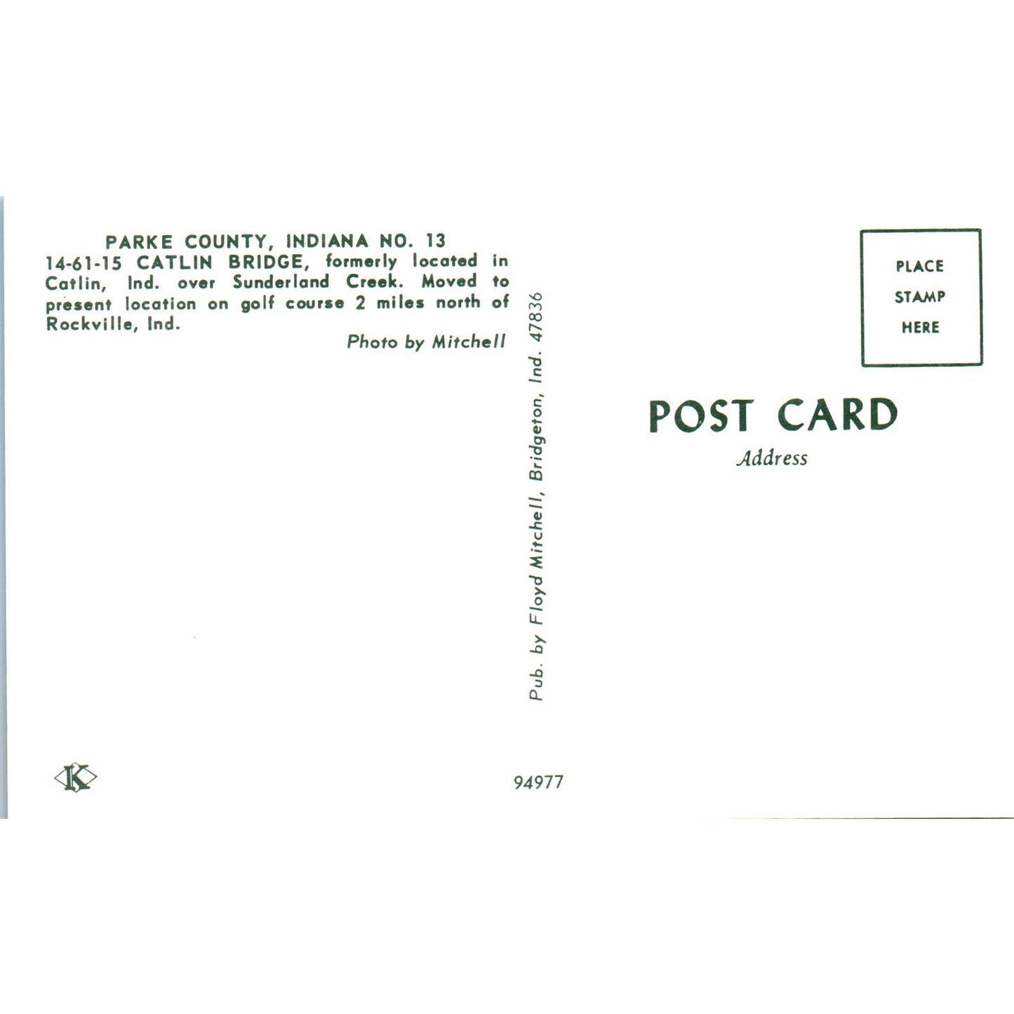 Parke County #13 Catlin Bridge Sunderland Creek Rockville IN Bridge Postcard PC2
