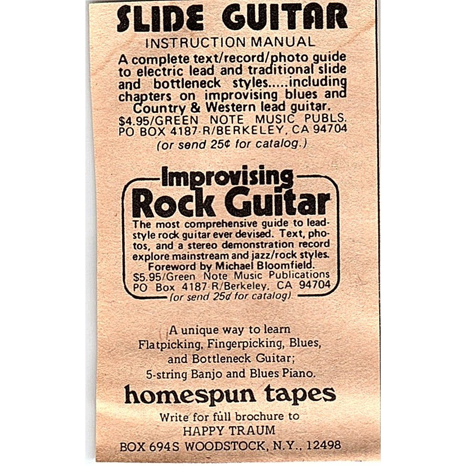 Homespun Tapes Guitar Instruction Happy Traum Woodstock NY 2x3 1974 Ad AF6-M1