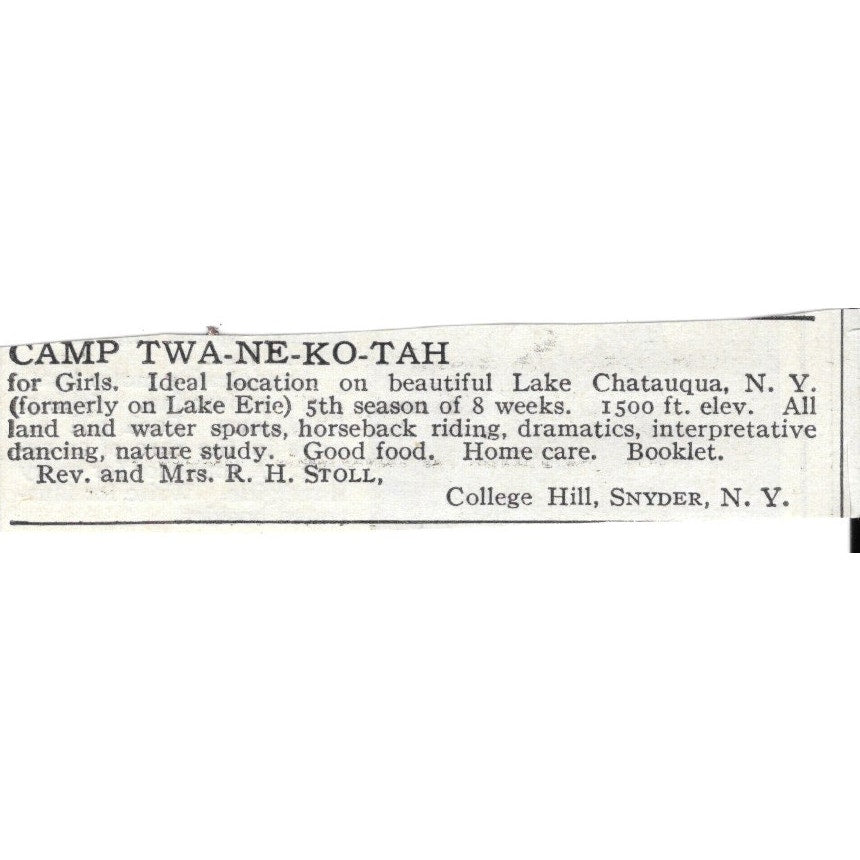 Camp Twa-Ne-Ko-Tah Snyder NY Rev. Mrs. Stoll c1920 Harper's Magazine Ad AG4-S7