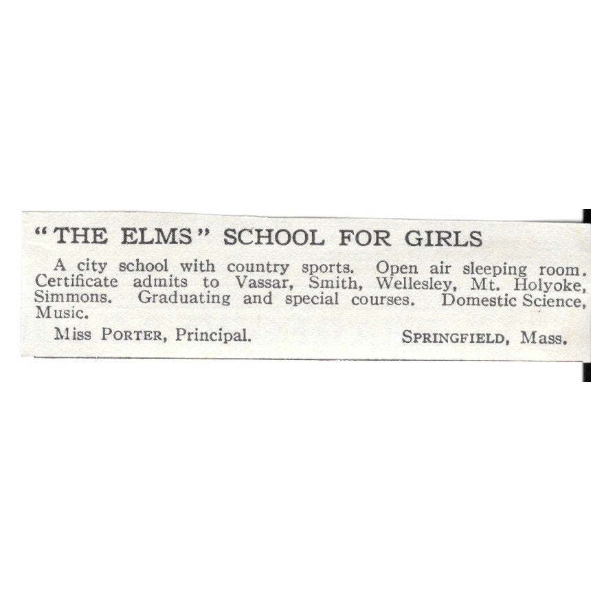 "The Elms" School for Girls Springfield MA Miss Porter c1920 Harper's Ad AG4-S8