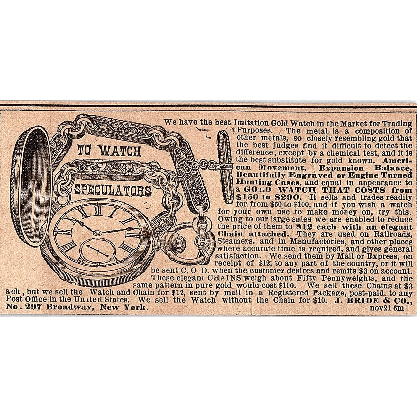 J. Bride & Co Pocket Watches 297 Broadway New York 1878 ad AG2-H4