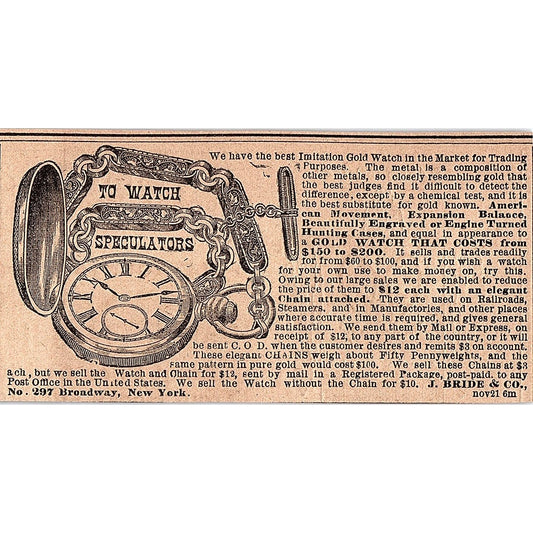 J. Bride & Co Pocket Watches 297 Broadway New York 1878 ad AG2-H4