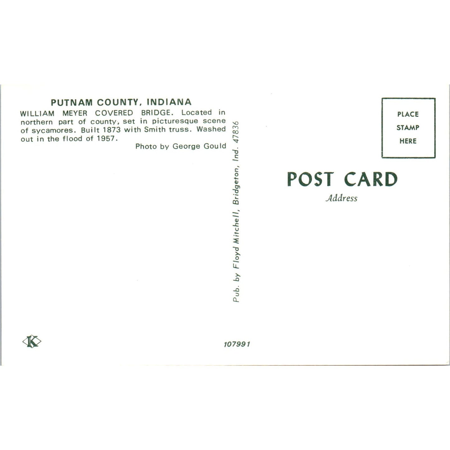 William Meyer Bridge Putnam County Indiana Covered Bridge Postcard PB12