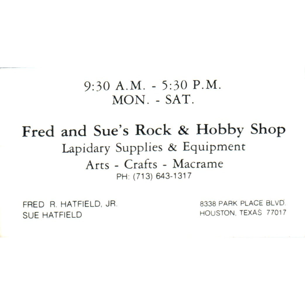 Fred & Sue's Rock Shop Fred R. Hatfield Jr Houston Vintage Business Card SD8-B6