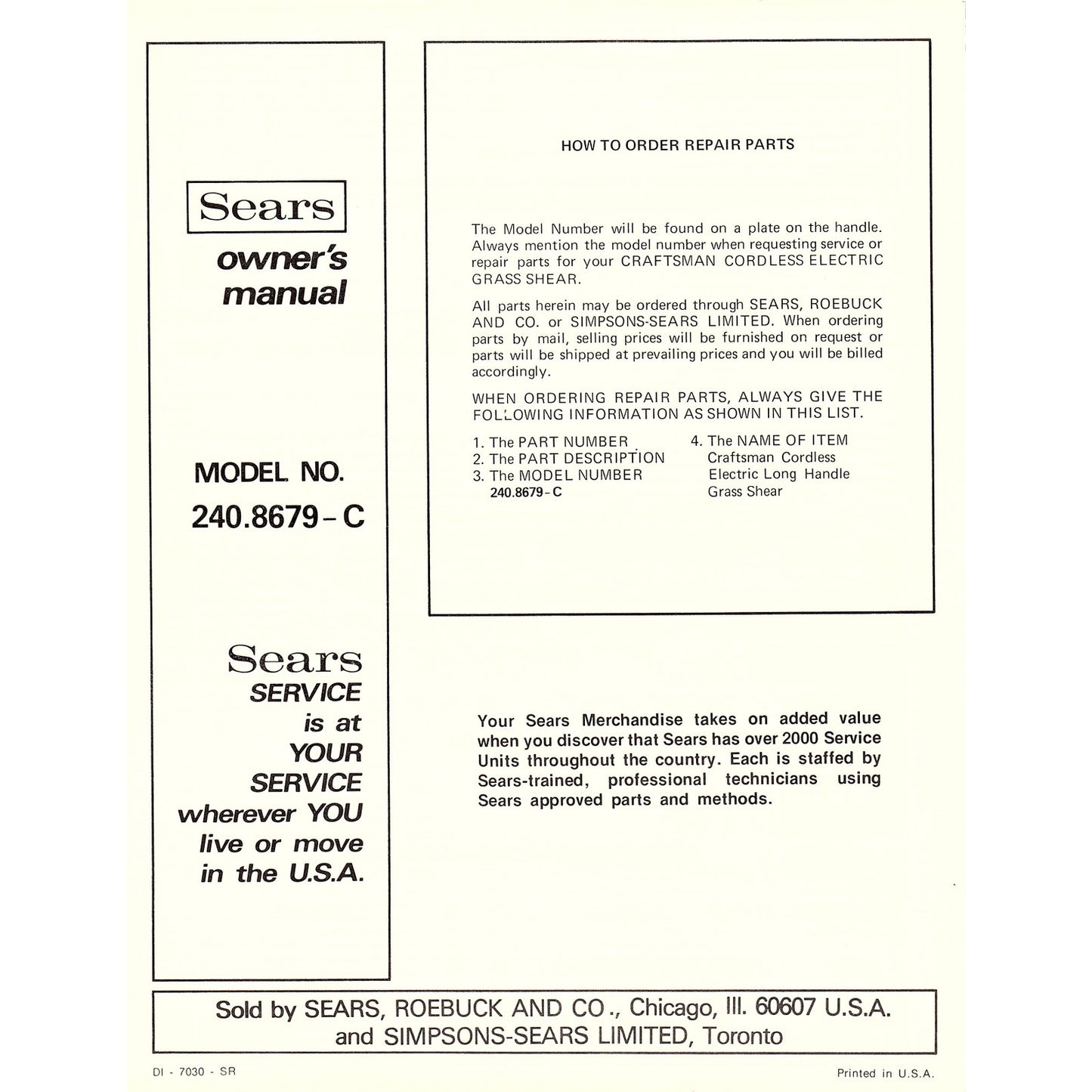 Sears Craftsman Cordless Electric Grass Shear Model 240.8679-C Manual AG5-1