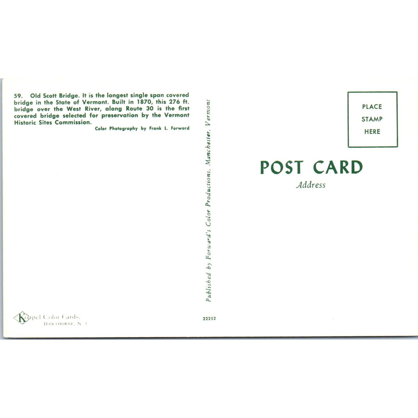 Old Scott Bridge West River Vermont Covered Bridge Postcard PC7