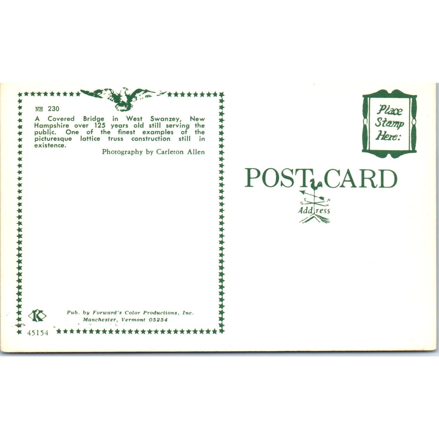 West Swanzey New Hampshire Vintage Covered Bridge Postcard PC15