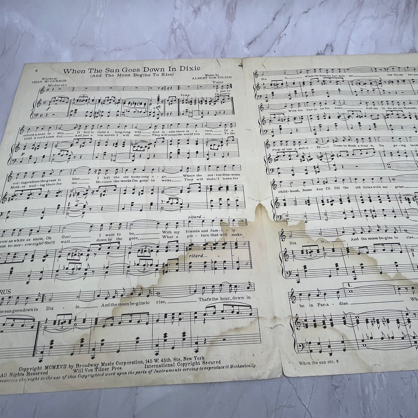 When The Sun Goes Down in Dixie Chas McCarron 1917 Sheet Music V16