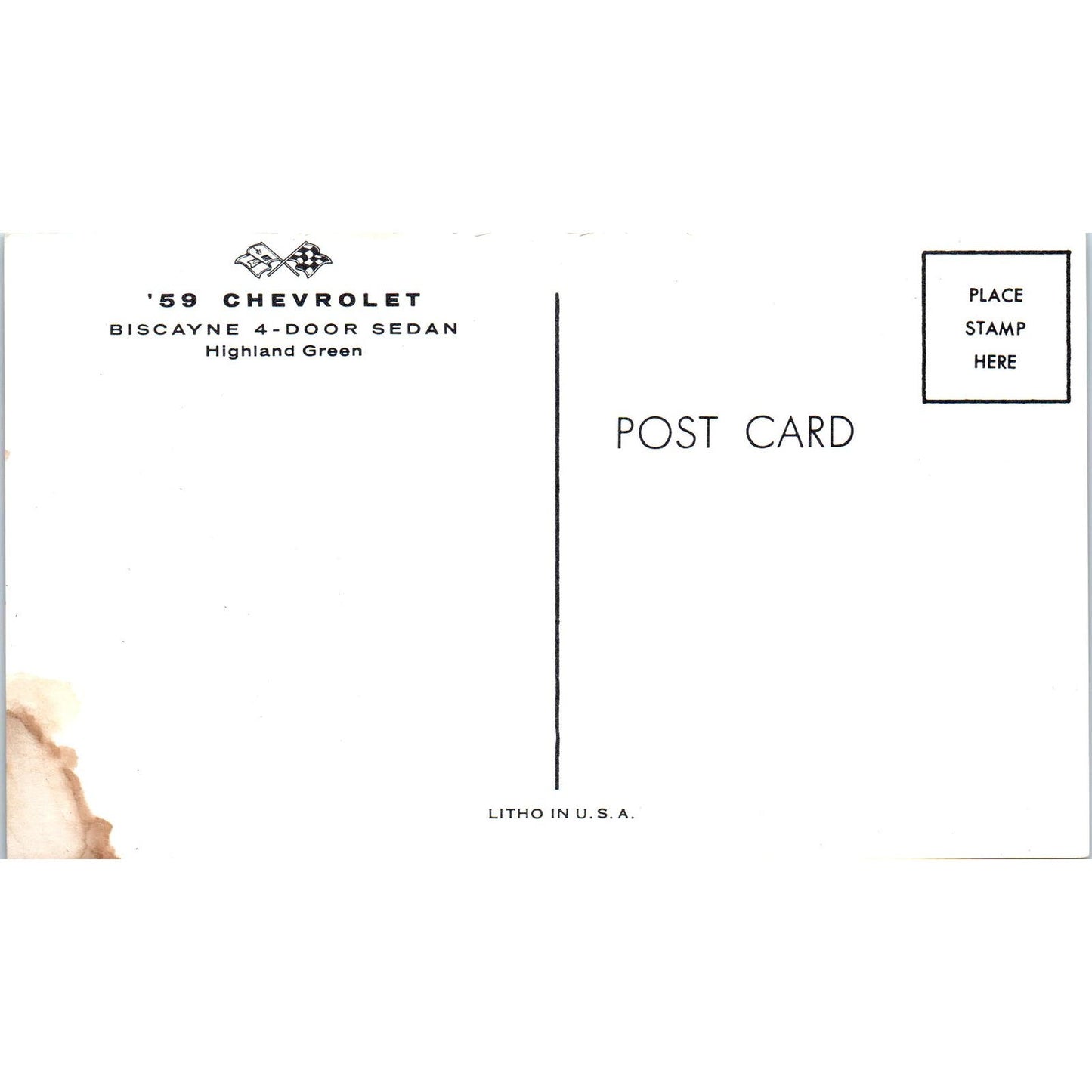 '59 Chevrolet Biscayne 4-Door Sedan Highland Green Vintage Postcard PC1