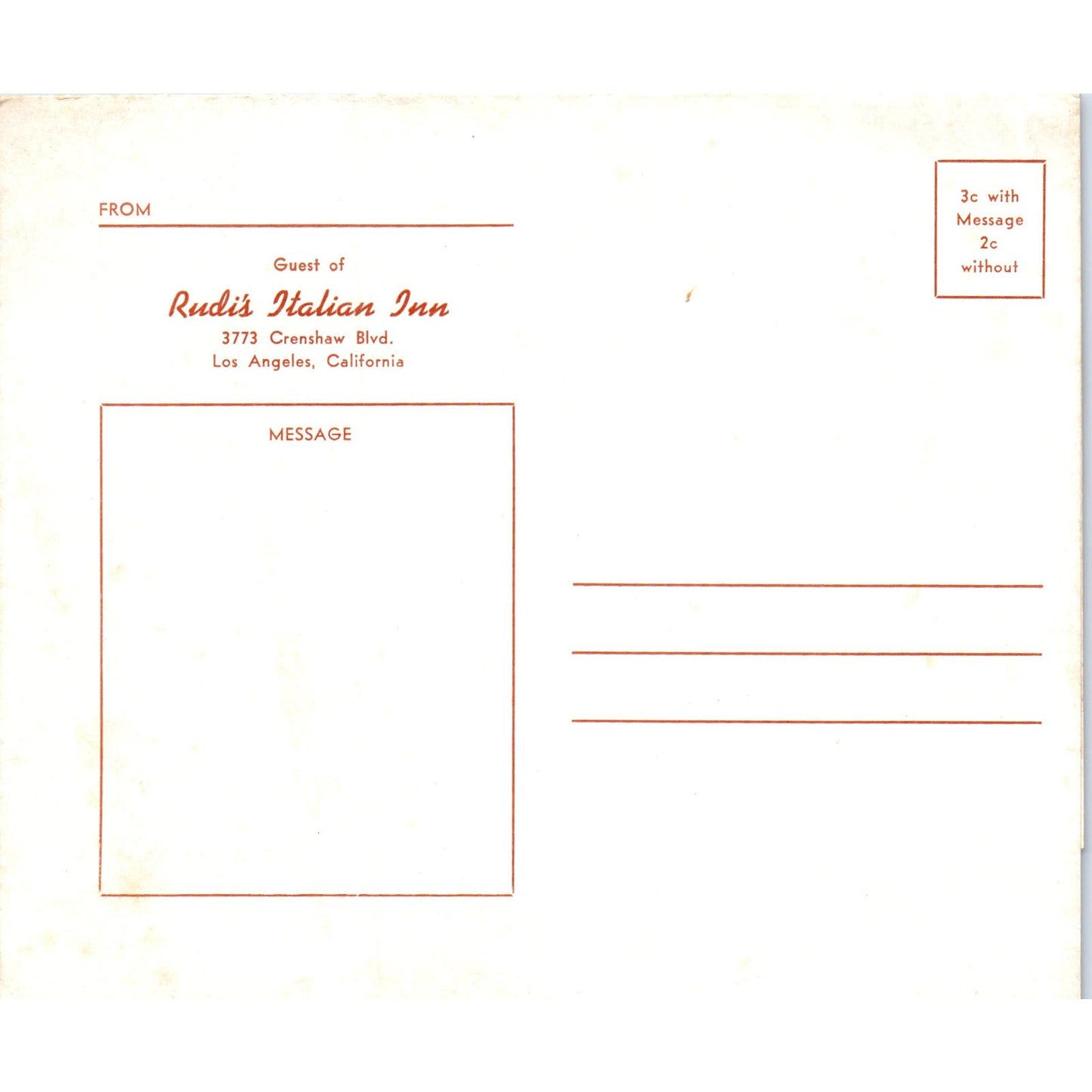 1950s Rudi's Italian Inn Restaurant Menu Los Angeles CA Crenshaw Blvd AE8