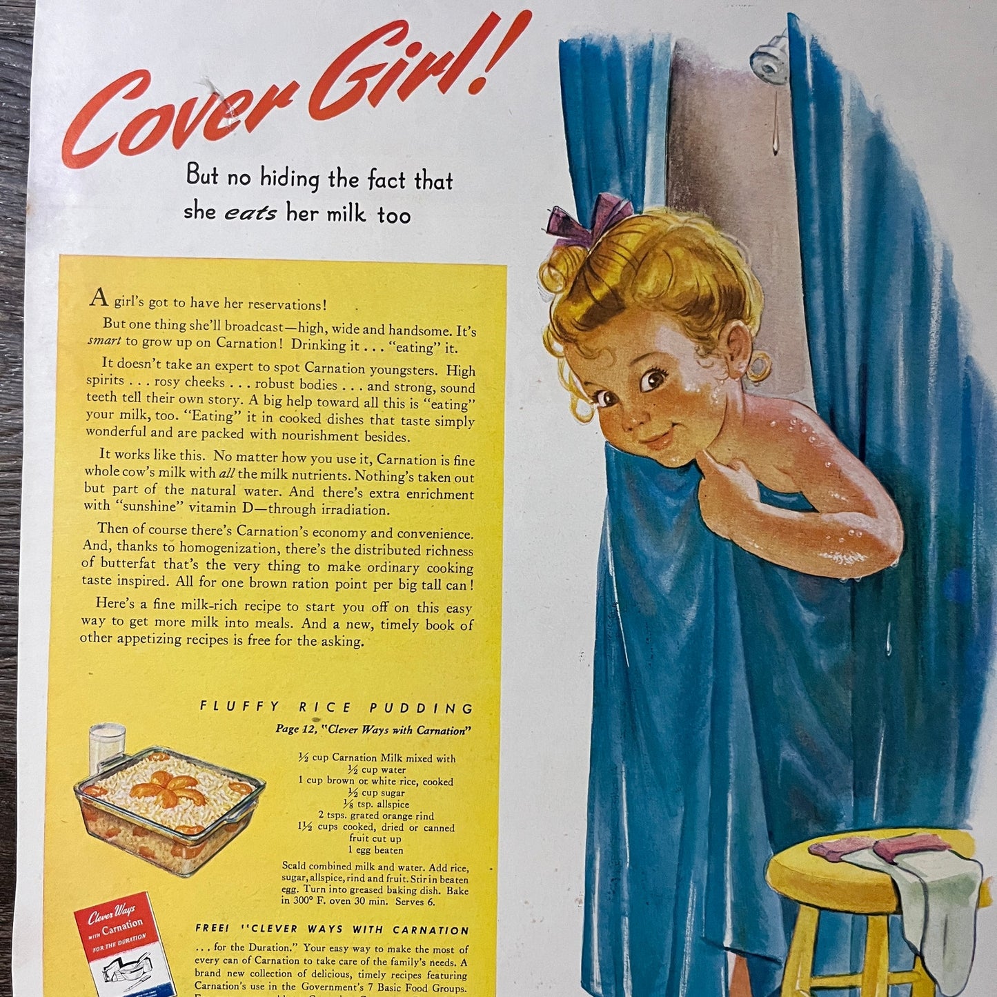 Carnation Milk Fluffy Rice Pudding Recipe War Bonds Magazine Ad 10x14 V7