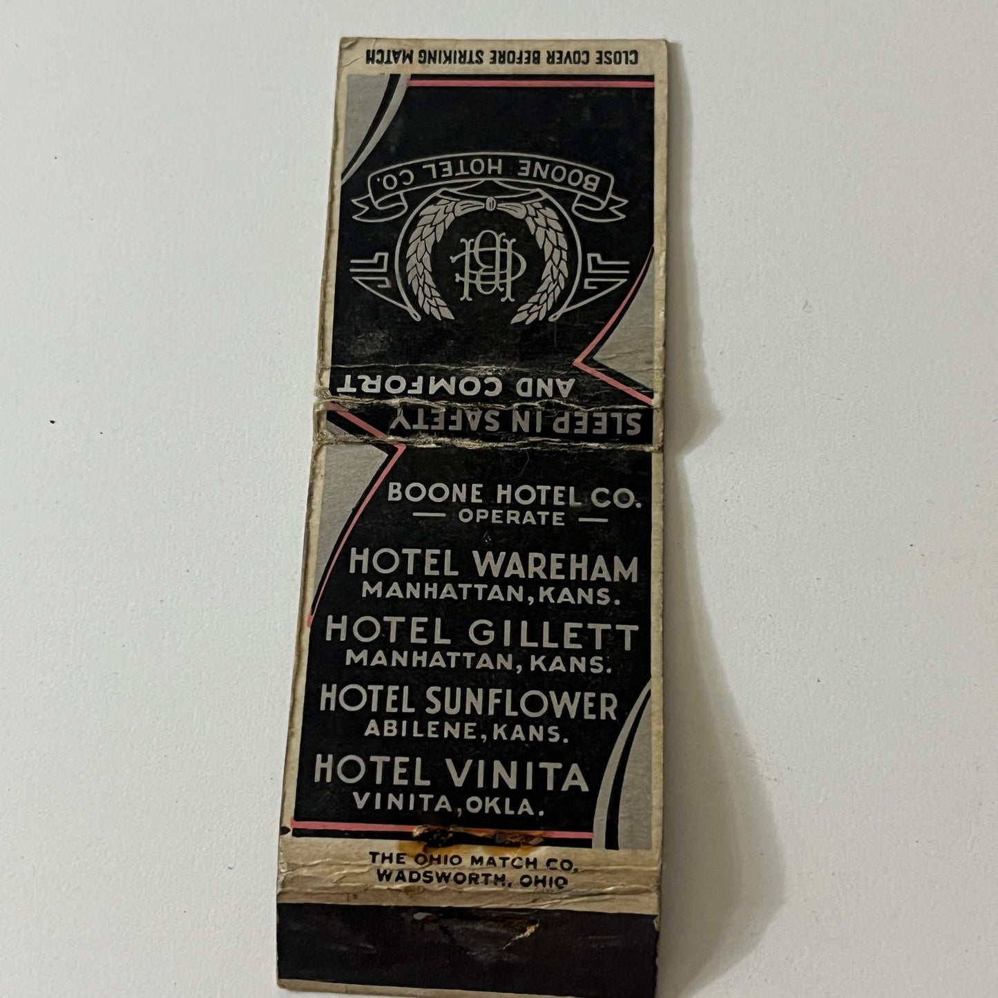 Boone Hotel Co Hotel Wareham Manhattan KS Vintage Matchbook TB6-MB2-11