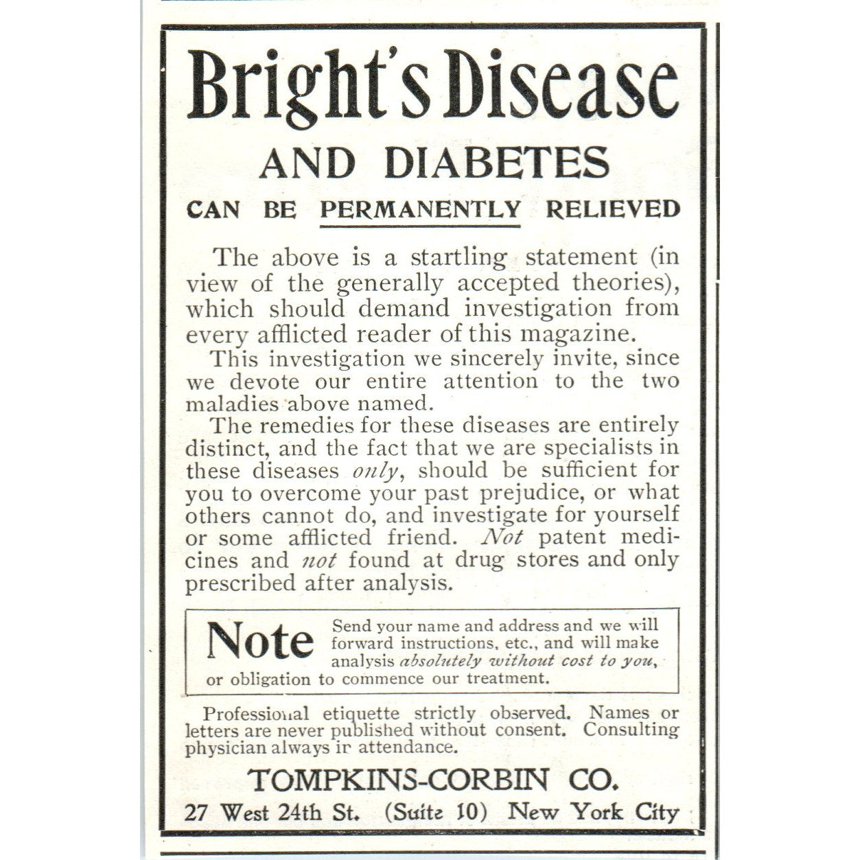 Tompkins-Corbin Co Diabetes & Bright's Disease NY 1903 Magazine Ad AF2-O4