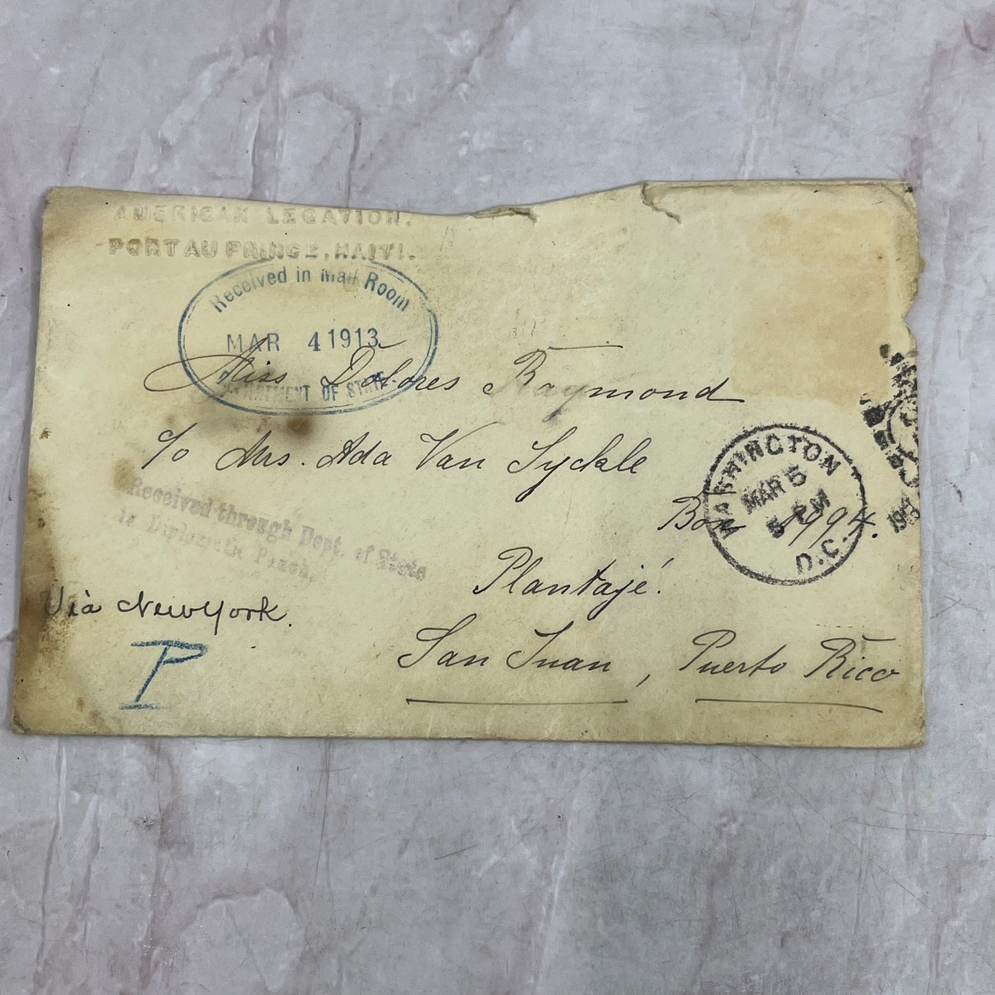 1913 Letter Port Au Prince Haiti San Juan Puerto Rico Dolores Raymond TJ5-E2
