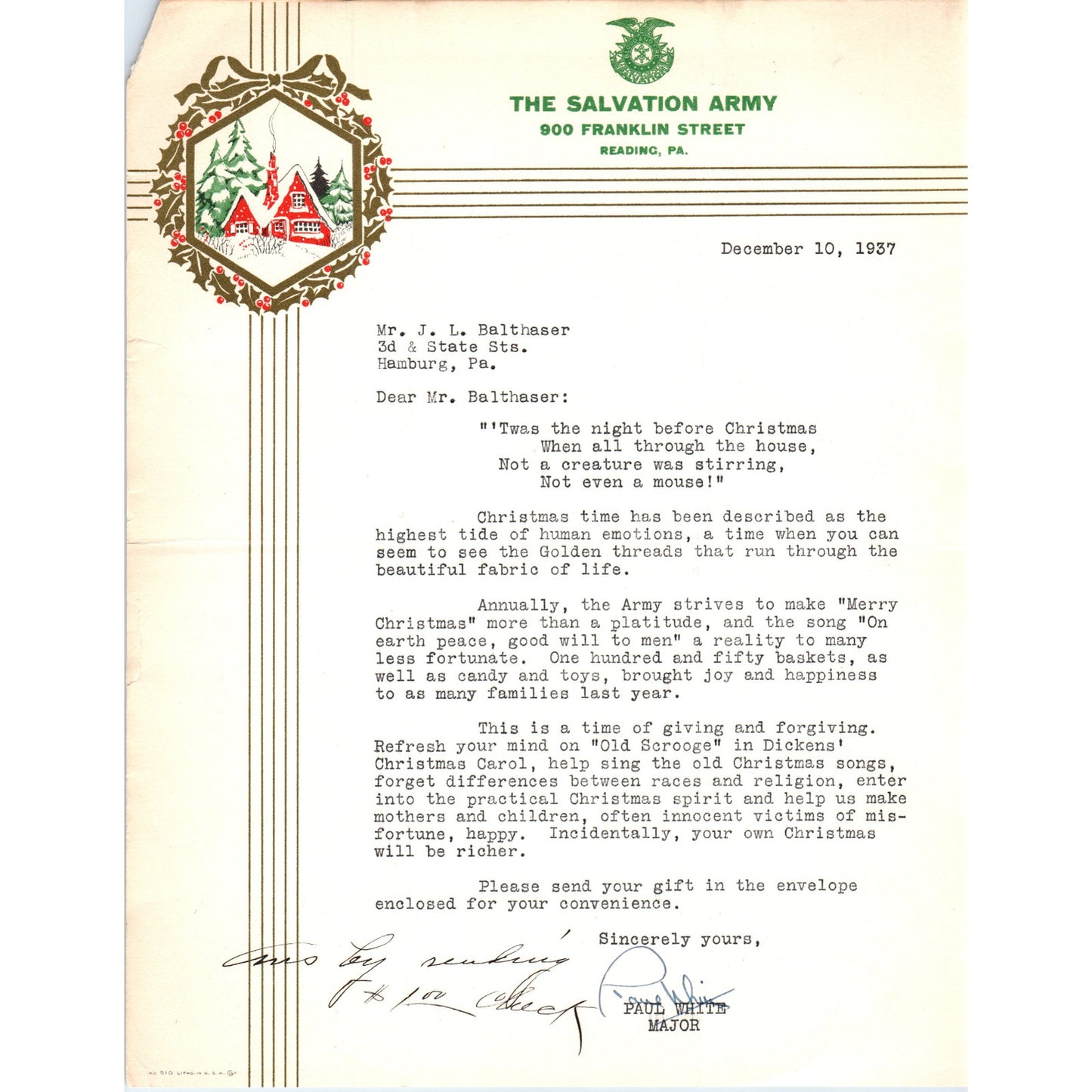 1937 Salvation Army Christmas Donation Request Letter Hamburg PA D20