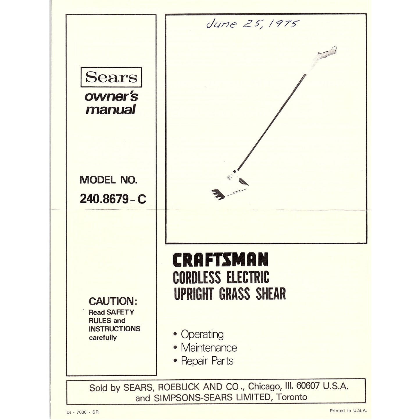 Sears Craftsman Cordless Electric Grass Shear Model 240.8679-C Manual AG5-1