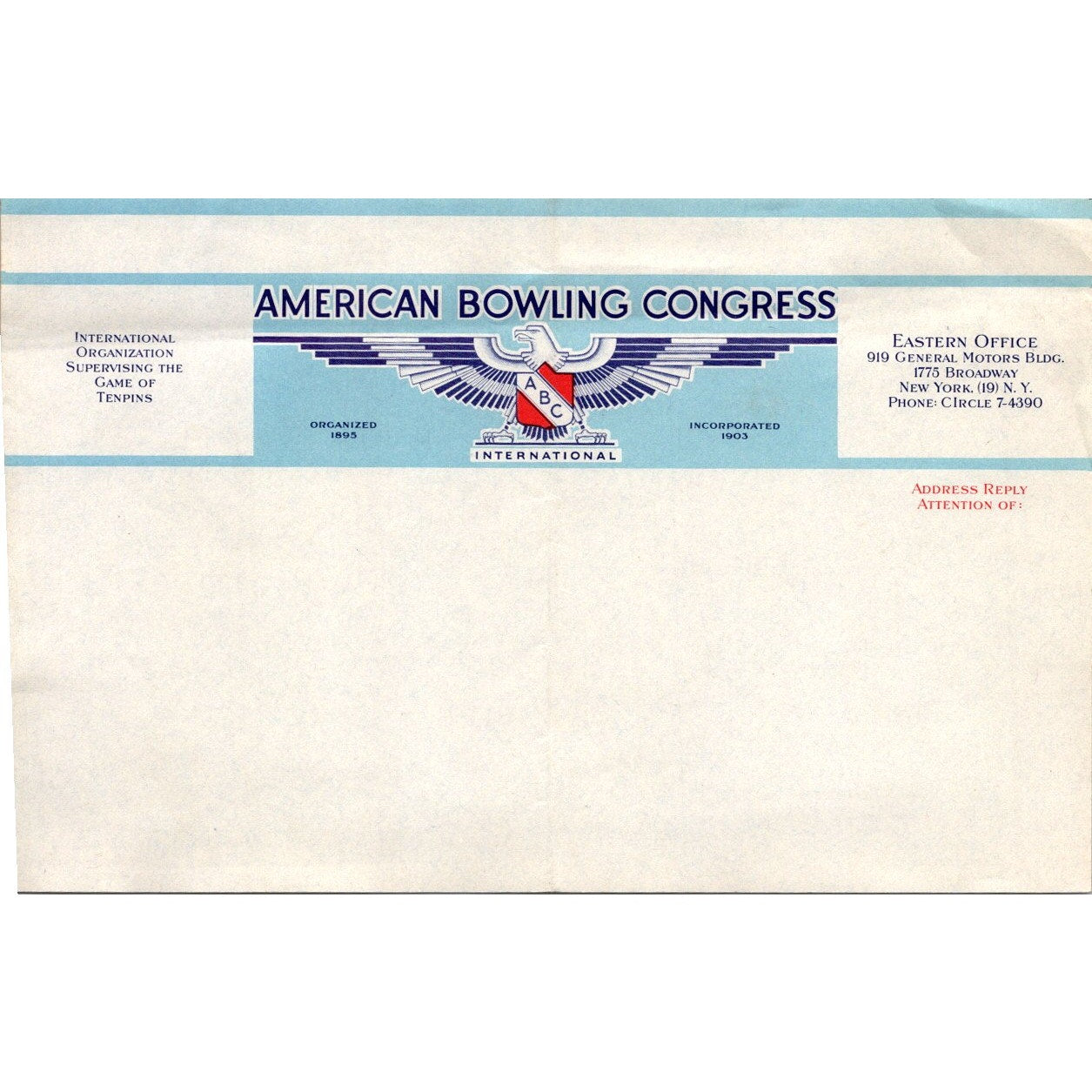 American Bowling Congress International ABC Vintage Blank Letterhead J17