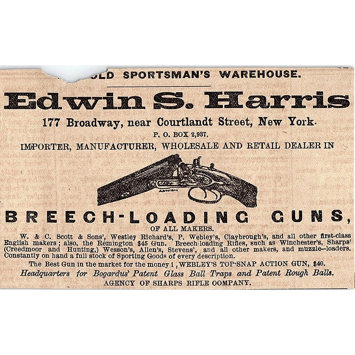 Edwin S Harris Breech Loading Guns Broadway New York 1878 Ad AG2-H4